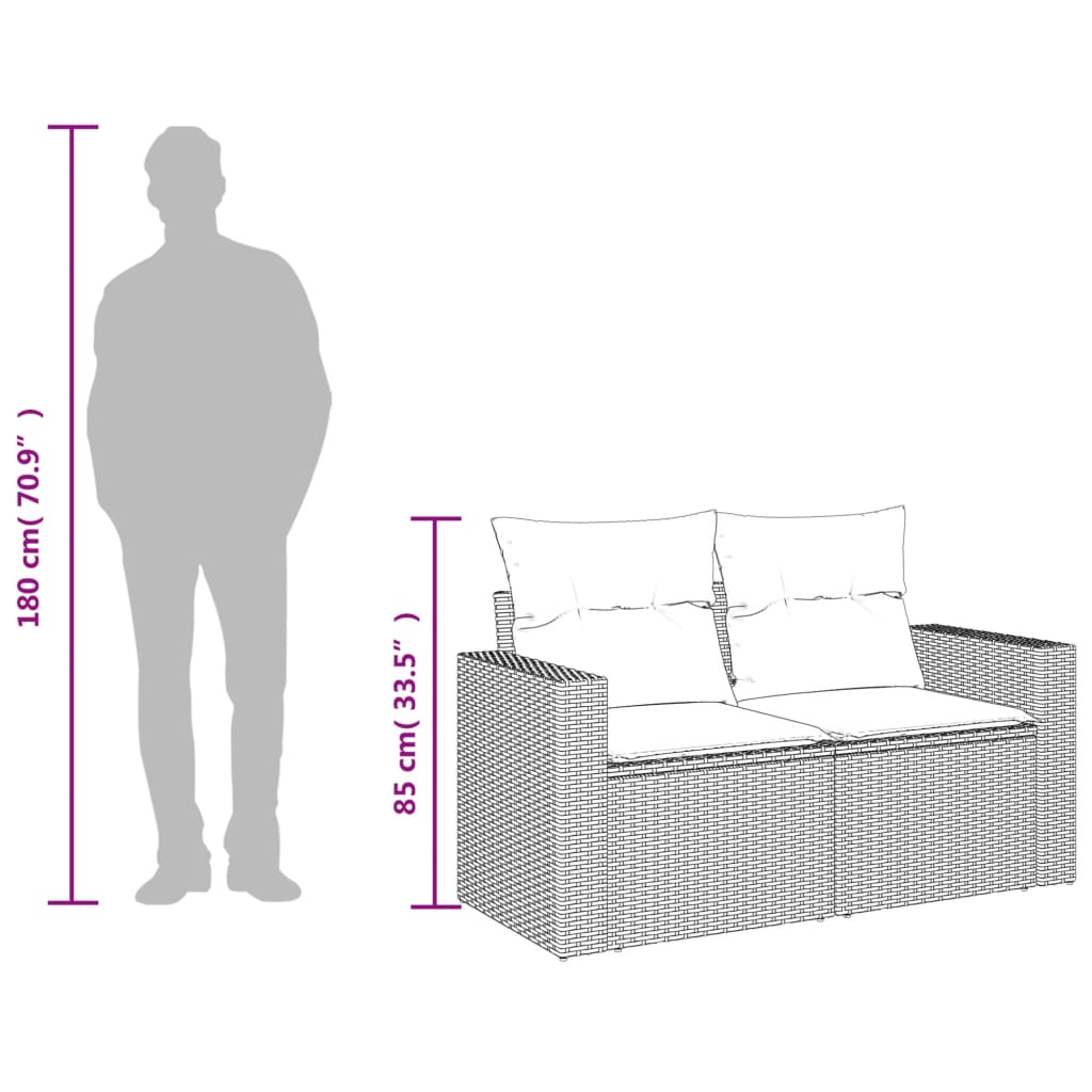 2-sits trädgårdssoffa med kuddar, polyrotting, ljusgrå