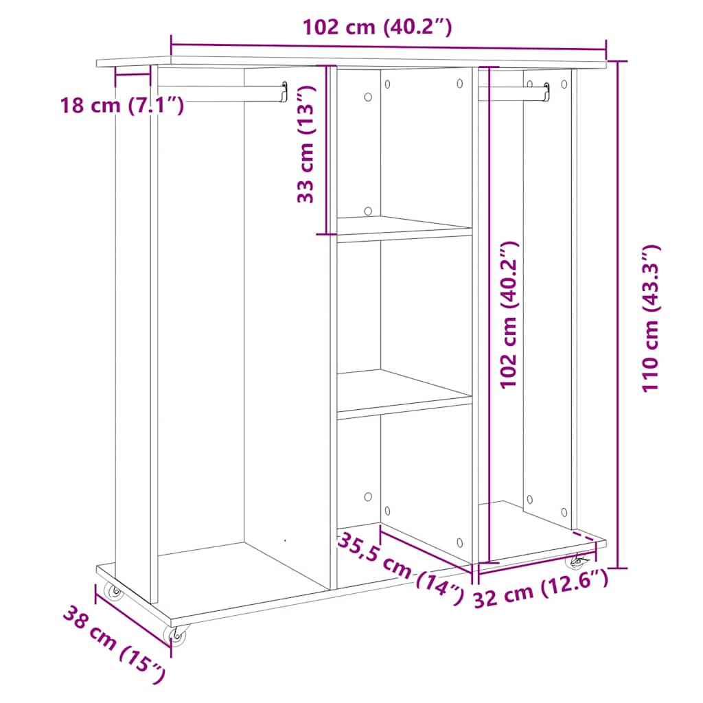 klædeskab med hjul 102x38x110 cm konstrueret træ røget egetræ