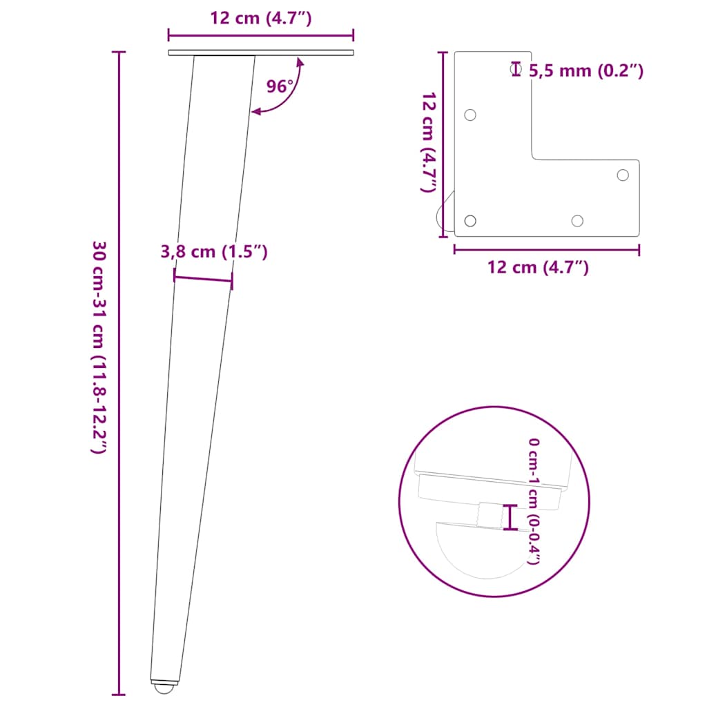sofabordben konisk form 4 stk. antracit 30-31 cm stål