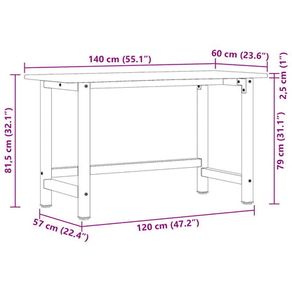 Werkbank 140x60x81,5 cm massive Eiche rechteckig dunkelbraun