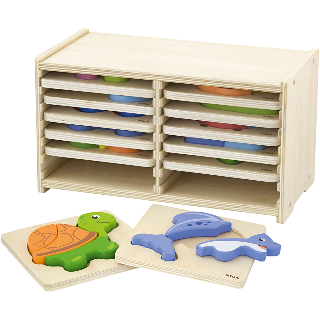VIGA Puslespilsreol med 12 Blokpuslespil