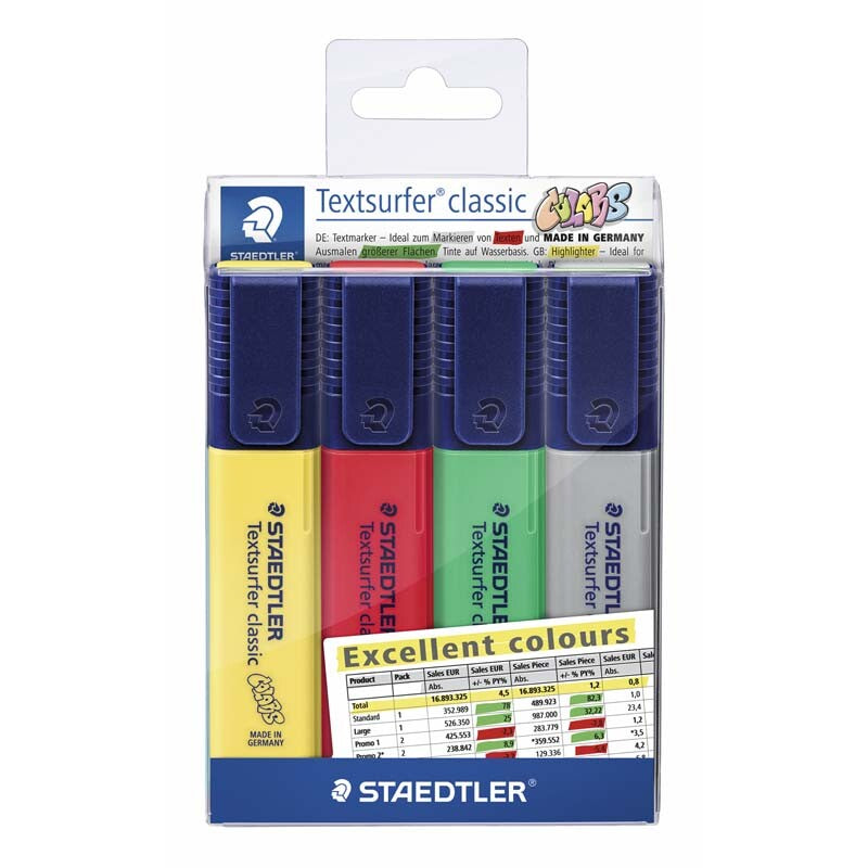 Tekstmarker, Staedtler Textsurfer, 364 CWP4-X, 1-5MM, Skrå spids, assorteret, Sæt med 4 stk, 10 Set