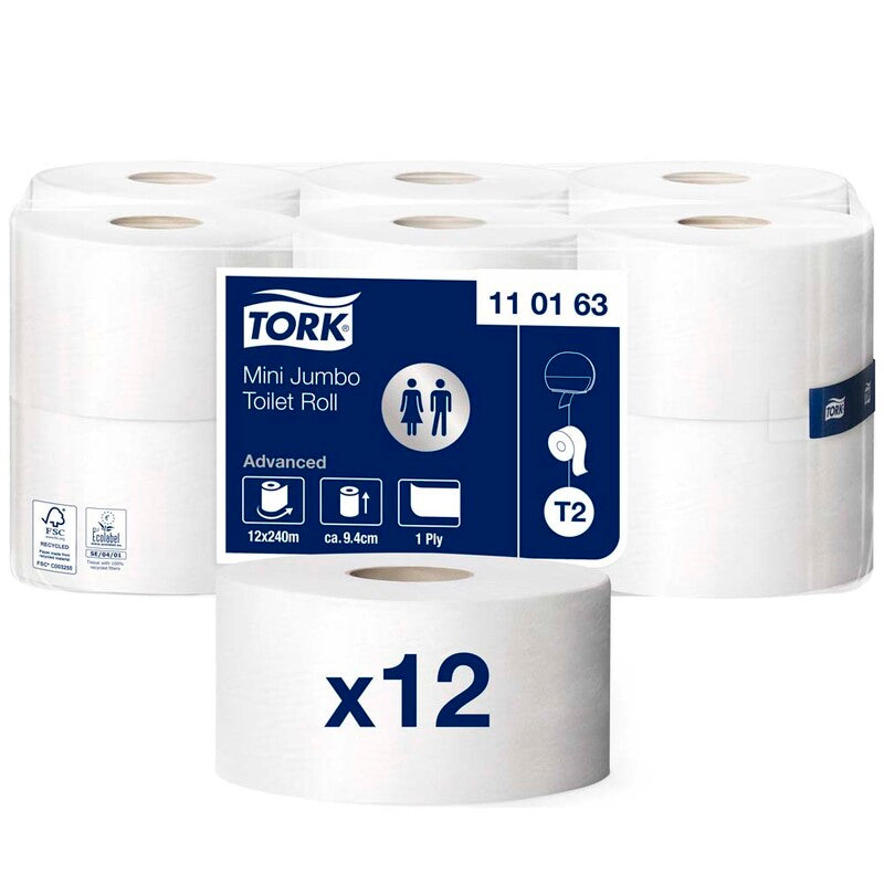 Toiletpapir Jumbo, Tork, Universal, Jumbo mini T2, hvid x 240.00m, kasse a 12 ruller, FSC Recycled Credit