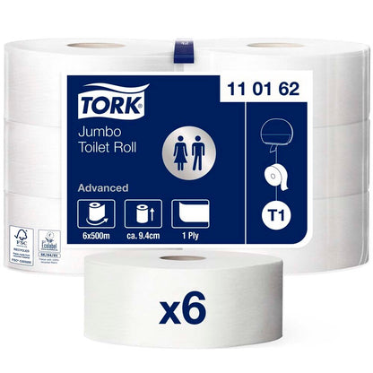 Toiletpapir Jumbo, Tork, Advanced, Jumbo T1, 1 lag, hvid x 500.00m, kasse a 6 ruller, FSC Recycled Credit