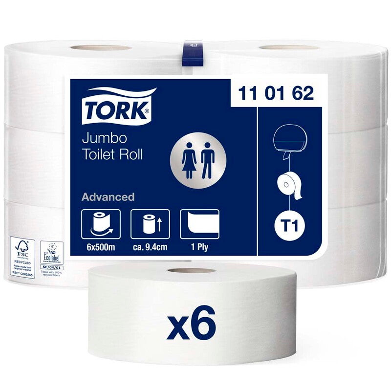 Toiletpapir Jumbo, Tork, Advanced, Jumbo T1, 1-lags, hvid x 500,00 m, kasse á 6 ruller, FSC Recycled Credit