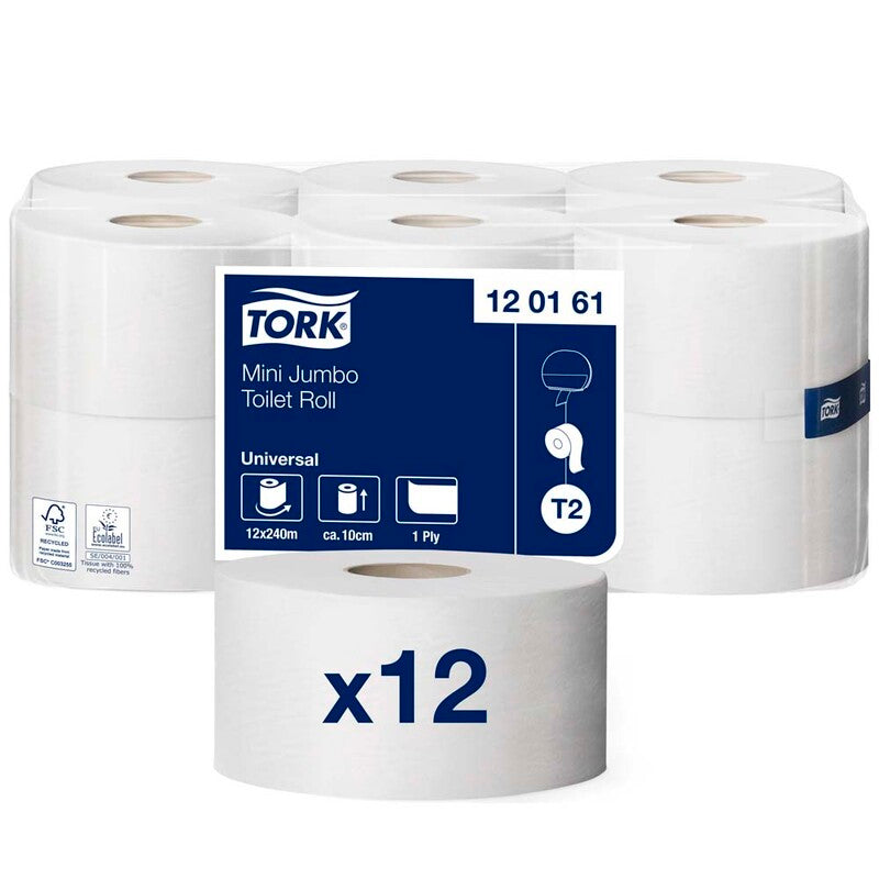 Toiletpapir Jumbo, Tork, Universal, Jumbo mini T2, 1 lag, ubleget x 240.00m, kasse a 12 ruller, FSC Recycled Credit
