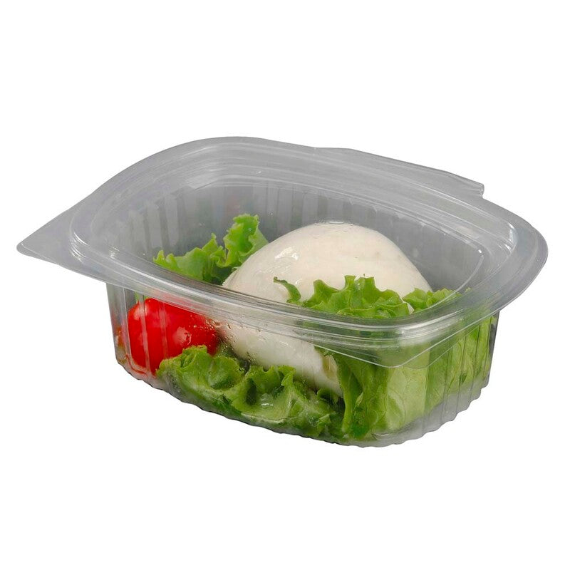 Plastbakke, m/hængslet låg, 375 ml, 145x115x50mm, A-PET, transparent, pakke a 50 stk