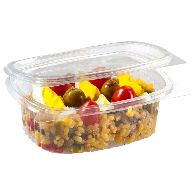 Plastbakke, m/hængslet låg, 1000 ml, 185x155x68mm, A-PET, transparent, pakke a 50 stk