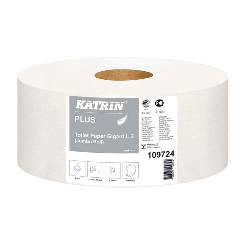 Toiletpapir Jumbo, Katrin, Plus, Gigant M, 2 lag, hvid x 310.00m, kasse a 6 ruller