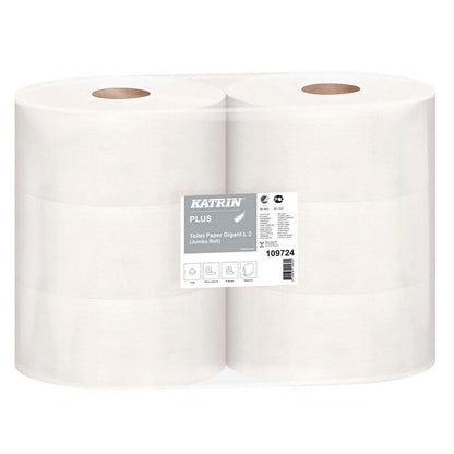 Toiletpapir Jumbo, Katrin, Plus, Gigant M, 2 lag, hvid x 310.00m, kasse a 6 ruller