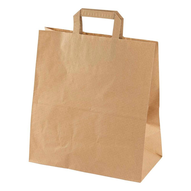 Papirbærepose, 320 x 170 x 350 mm, flat bag, 25 l, Papir, brun, pakke a 200 stk, Fødevaregodkendt