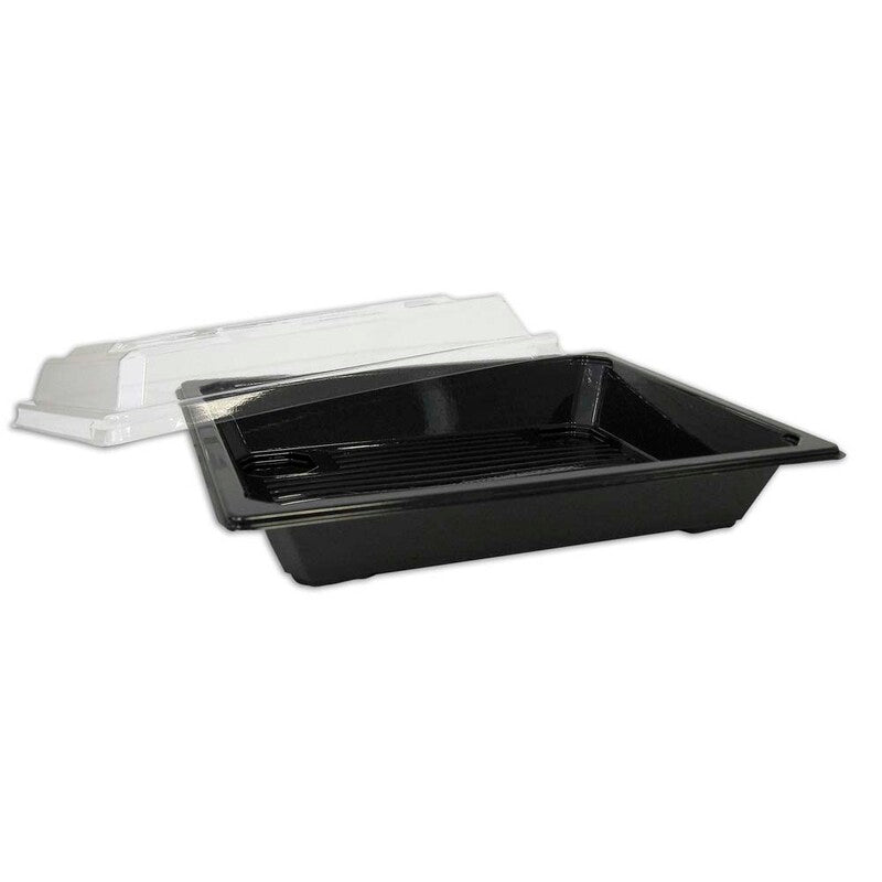 Plastbakke, mellem, 215x147x25mm, A-PET, sort, Sushi, karton a 300 stk