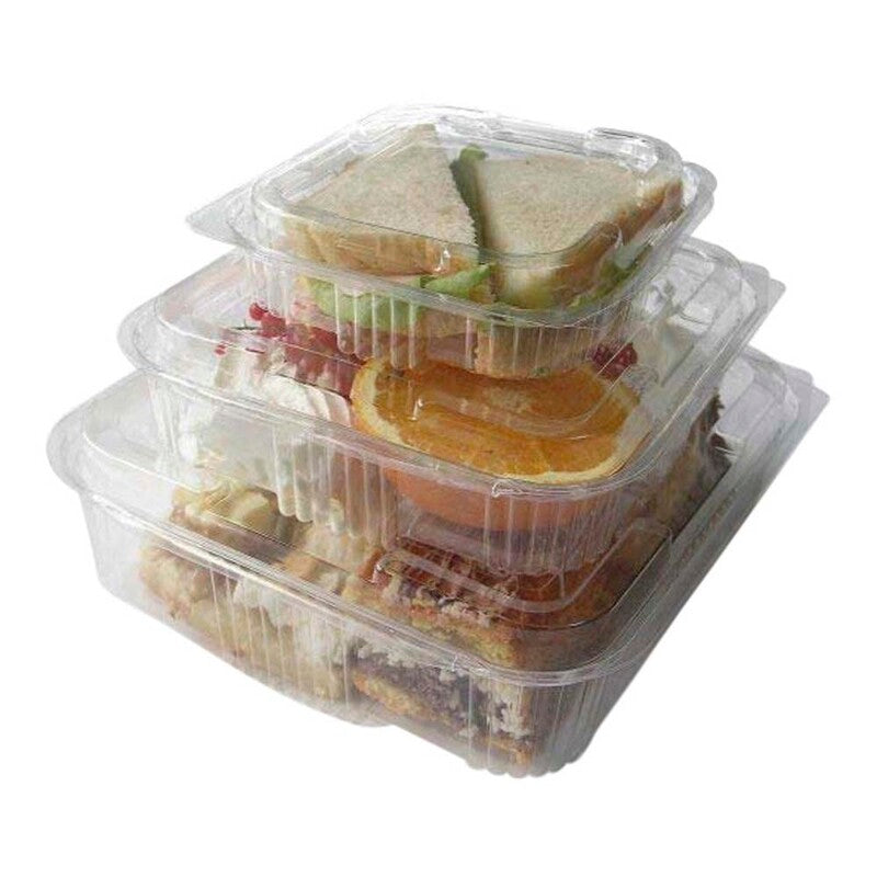 Plastbakke, m/hængslet låg, 135x128x65mm, PET, transparent, karton a 600 stk