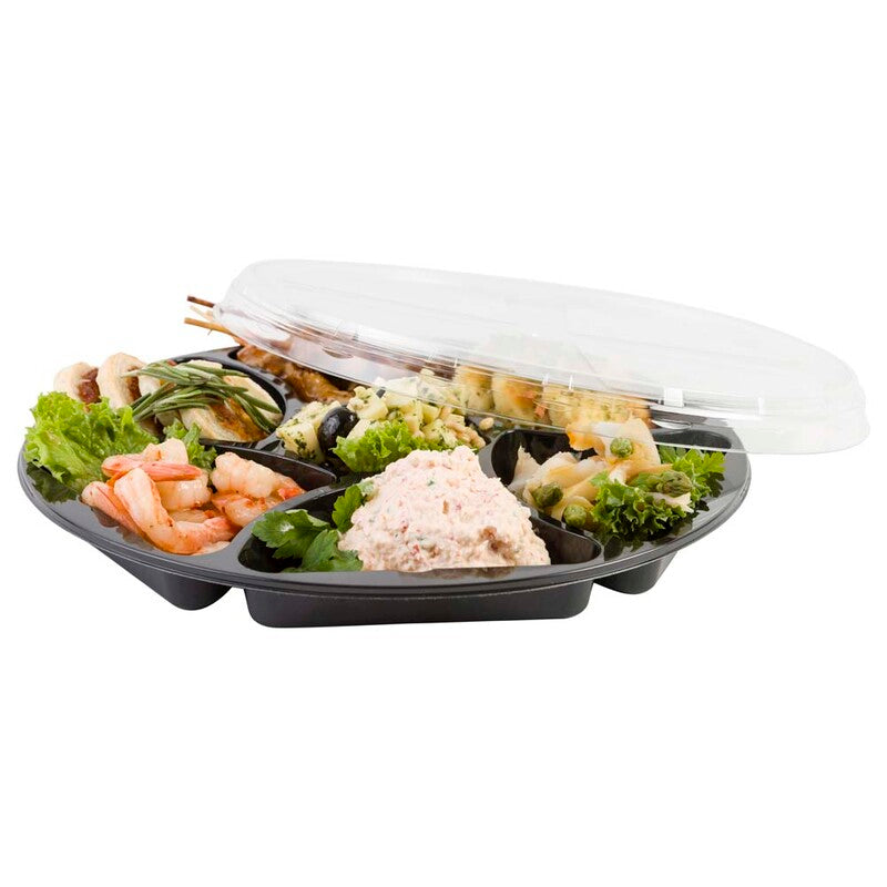 Plastbakke, Færch, K 2227-1Y, Rund, Ø 320, højde 25, C-PET, sort, Tapas, karton a 150 stk, 7-rums, Fødevaregodkendt