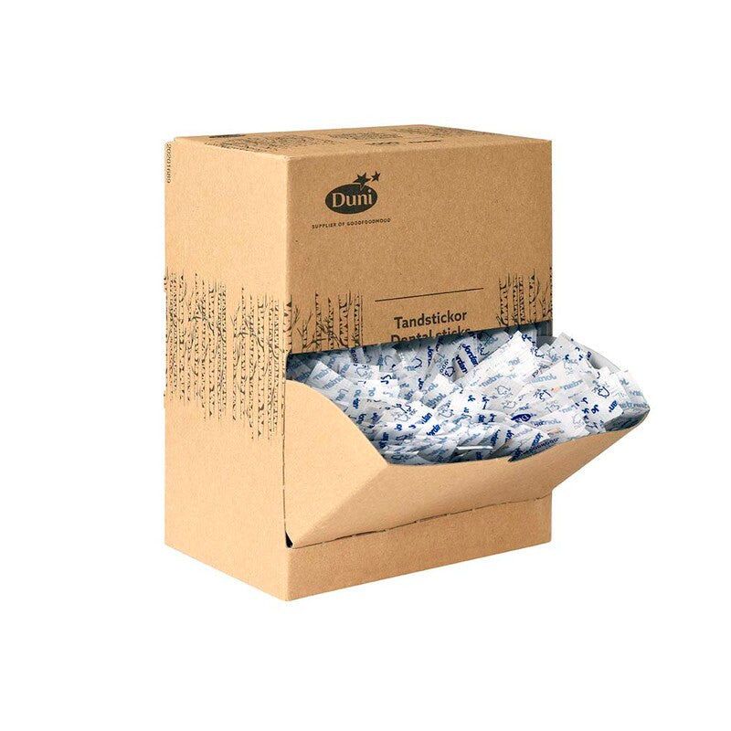 Enkeltindpakkede tandstikker, Duni, Jordan, Rund, træ, brun/hvid, Single piece wrapping, pakke a 1000 stk, Fødevaregodkendt