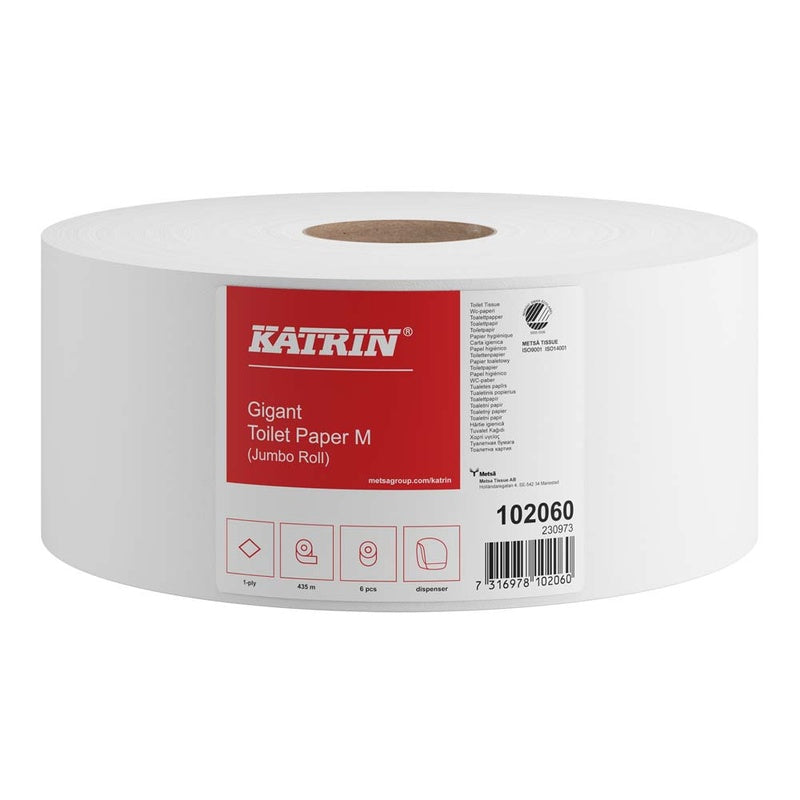 Toiletpapir Jumbo, Katrin, Gigant M, 1 lag, natur x 435.00m, kasse a 6 ruller
