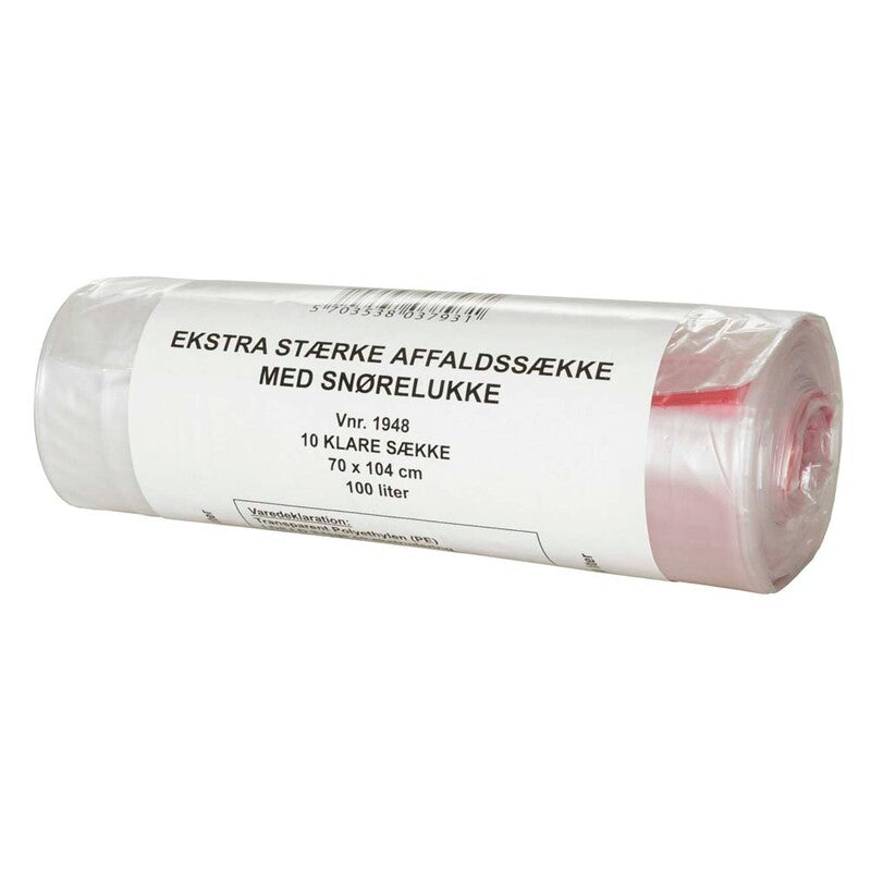 Affaldssække, 30 µm, 720 x 1120 mm, LD-PE, transparent, 100 l, rulle a 10 stk, Fødevaregodkendt