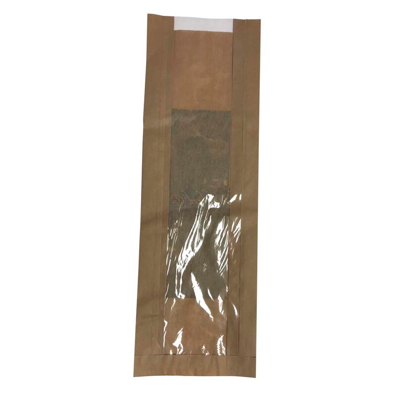 Papirpose med vindue, 70 x 180 x 445 mm, flat film, Papir, brun, Duften af brød & kager, pakke a 500 stk, Fødevaregodkendt