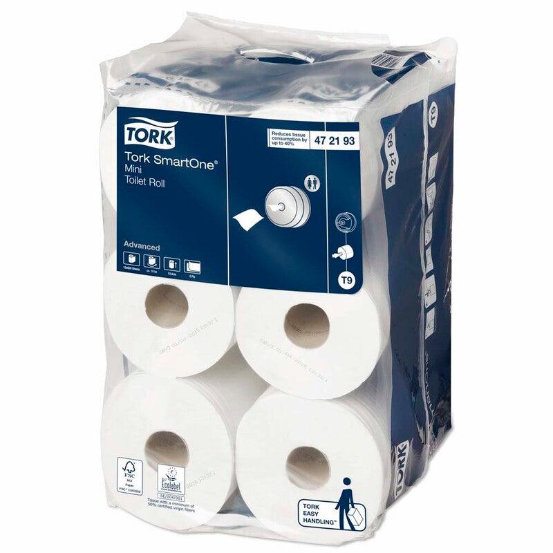 Toiletpapir Jumbo, Tork, Advanced, Smart One Mini T9, 2 lag, hvid x 111.60m, kasse a 12 ruller, FSC Mix Credit