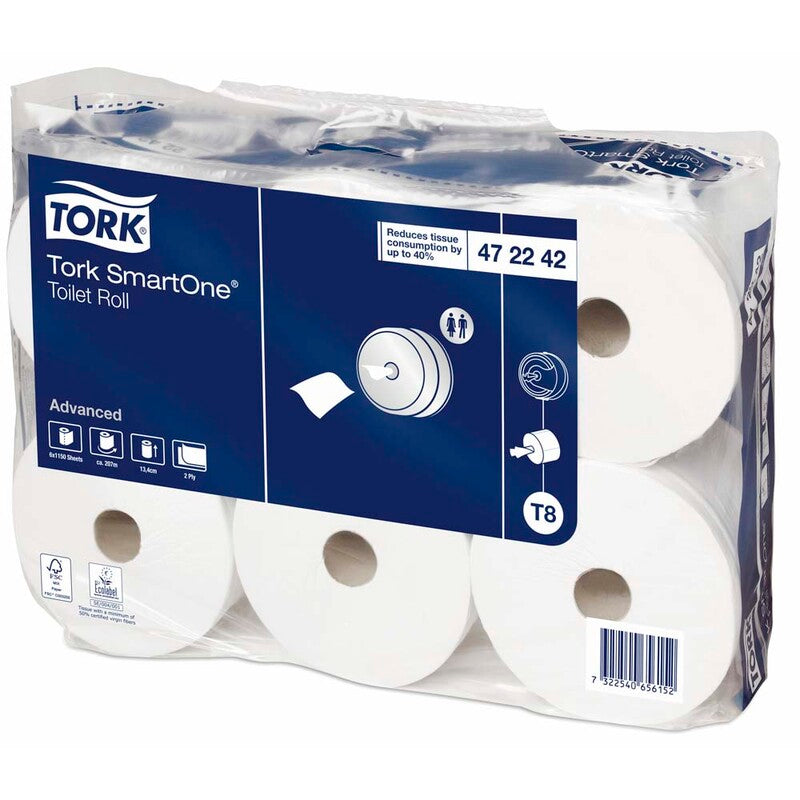 Toiletpapir Jumbo, Tork, Advanced, Smartone T8, 2 lag, hvid x 207.00m, kasse a 6 ruller, FSC Mix Credit