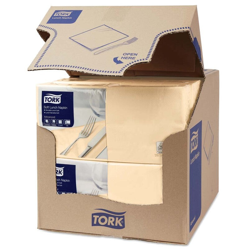 Frokostservietter, Tork, Advanced, 1/4-fold, 3 lag, beige, 326mmx330mm, 16g/m2, karton a 1500 stk, FSC Mix Credit