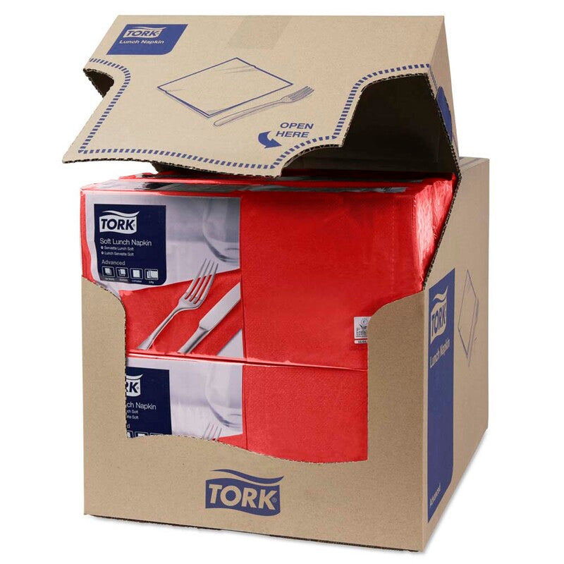 Frokostservietter, Tork, Advanced, 1/4-fold, 3 lag, rød, 326mmx330mm, 16g/m2, karton a 1500 stk, FSC Mix Credit