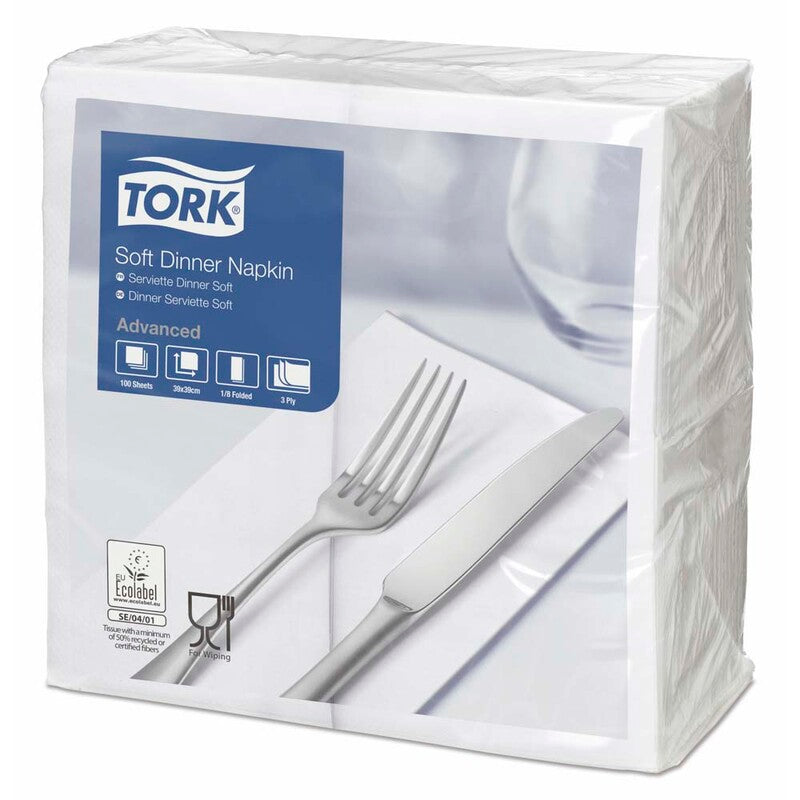 Middagsservietter, Tork, Advanced, 1/8-Fold, 3 lag, hvid, 390mmx390mm, karton a 1200 stk, FSC Mix Credit