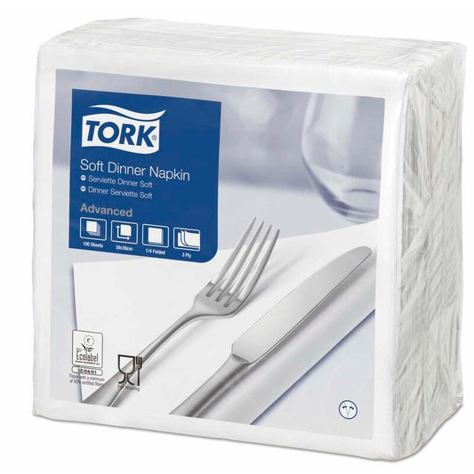 Middagsservietter, Tork, Advanced, 1/4-fold, 3 lag, hvid, 390mmx390mm, 16g/m2, karton a 1200 stk, FSC Mix Credit