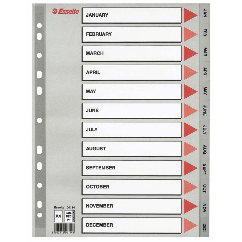 Register, Esselte, A4,210x297mm, JAN-DEC, grå, Pakke med 10 sæt