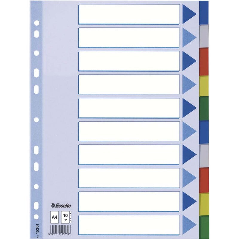 Faneblad, Esselte, A4,210x297mm, 10-delt, assorteret, Pakke med 10 sæt
