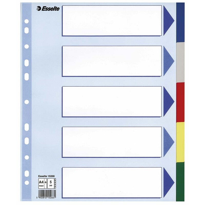 Faneblad, Esselte, MAXI, A4,210x297mm, 5-delt, assorteret, kasse a 20 sæt