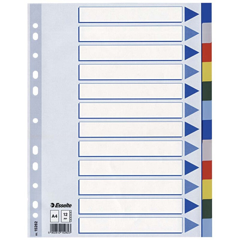 Faneblad, Esselte, A4,210x297mm, 12-delt, assorteret, Pakke med 10 sæt