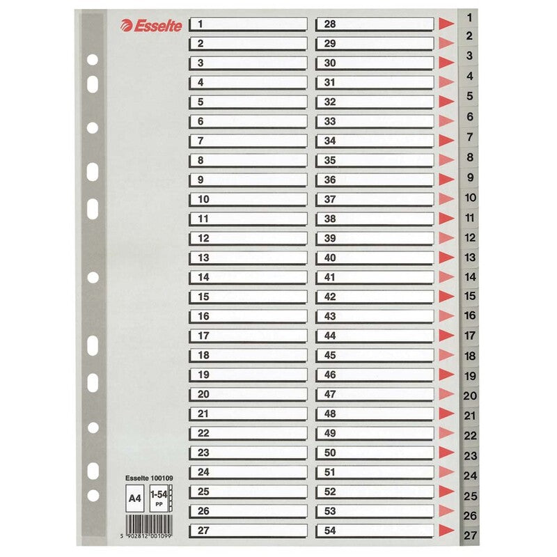 Register, Esselte, A4,210x297mm, 1-54, grå, Pakke med 10 sæt