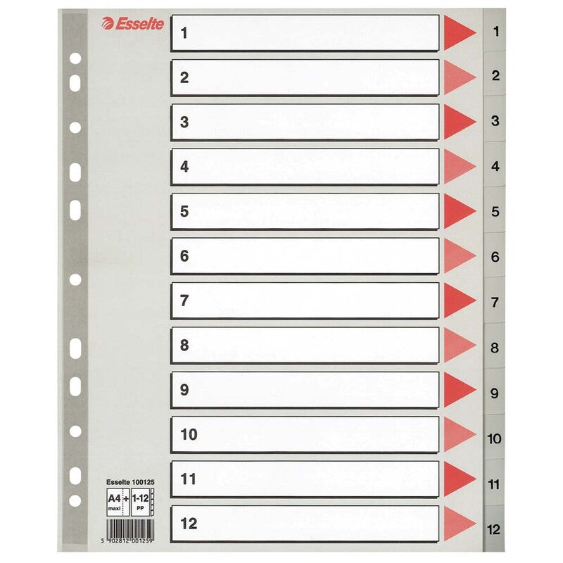 Register, Esselte, A4,210x297mm, 1-12, grå, Pakke med 10 sæt