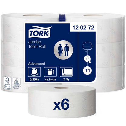 Toiletpapir Jumbo, Tork, Advanced, Jumbo T1, hvid x 360.00m, kasse a 6 ruller, FSC Recycled Credit