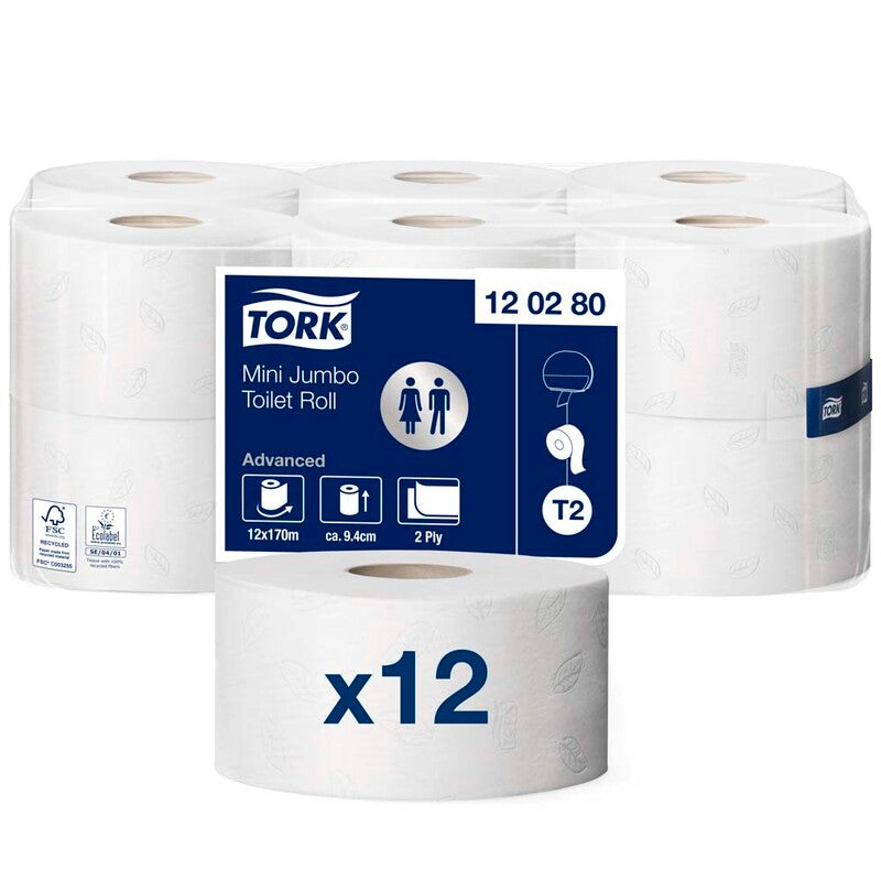 Toiletpapir Jumbo, Tork, Advanced, Jumbo mini T2, hvid x 170.00m, kasse a 12 ruller, FSC Recycled Credit