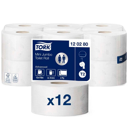 Toiletpapir Jumbo, Tork, Advanced, Jumbo mini T2, hvid x 170.00m, kasse a 12 ruller, FSC Recycled Credit