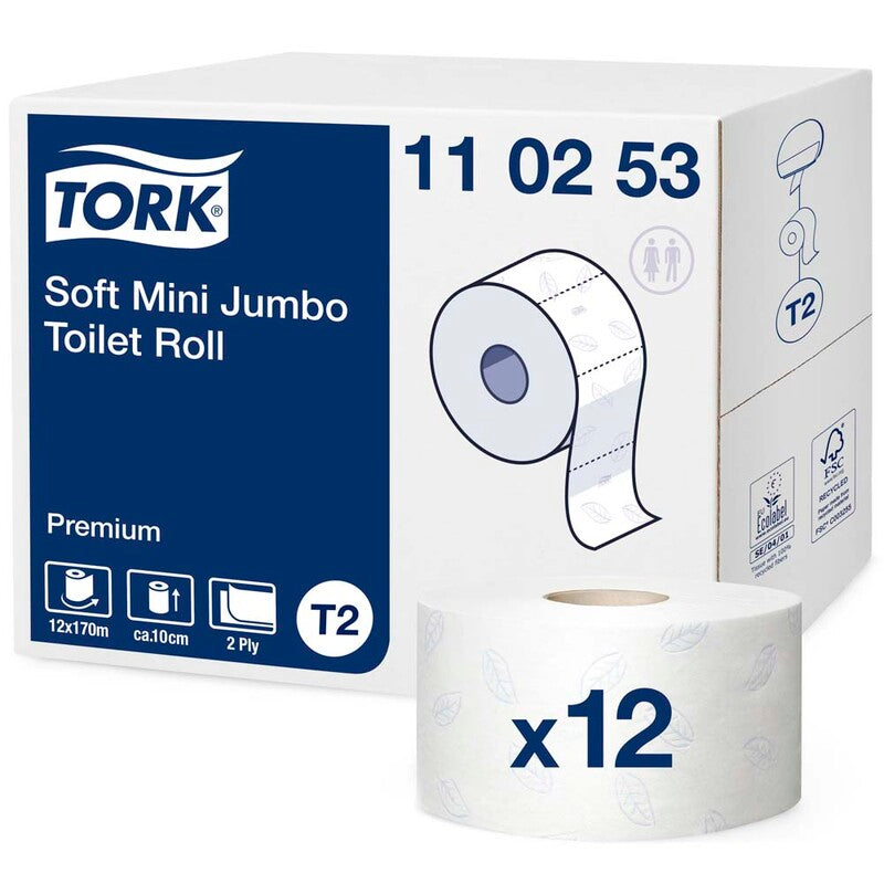 Toiletpapir Jumbo, Tork, Premium, Jumbo mini T2, hvid x 170.00m, kasse a 12 ruller, FSC Recycled Credit