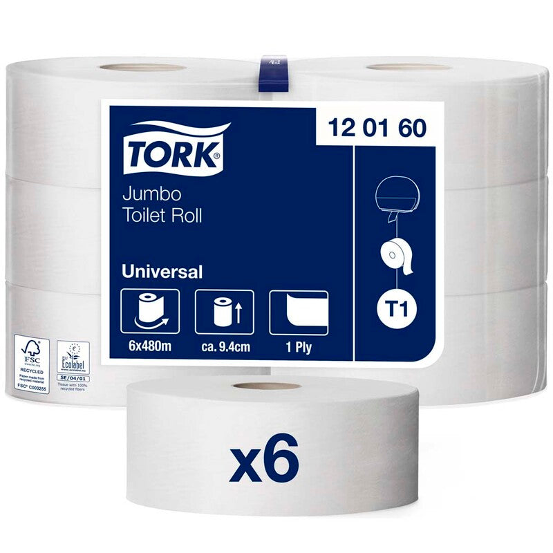 Toiletpapir Jumbo, Tork, Universal, Jumbo T1, 1 lag, ubleget x 480.00m, kasse a 6 ruller, FSC Recycled Credit