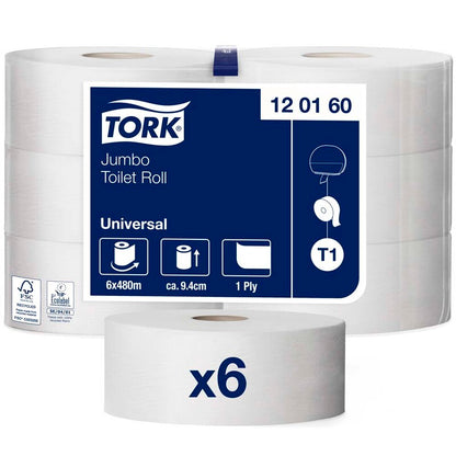Toiletpapir Jumbo, Tork, Universal, Jumbo T1, 1 lag, ubleget x 480.00m, kasse a 6 ruller, FSC Recycled Credit