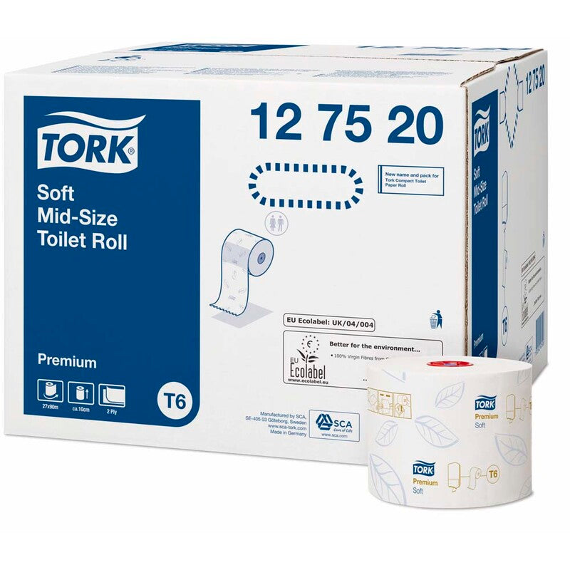 Toiletpapir Jumbo, Tork, Premium, Mid-Size T6, 2 lag, hvid x 90.00m, kasse a 27 ruller, FSC Mix Credit