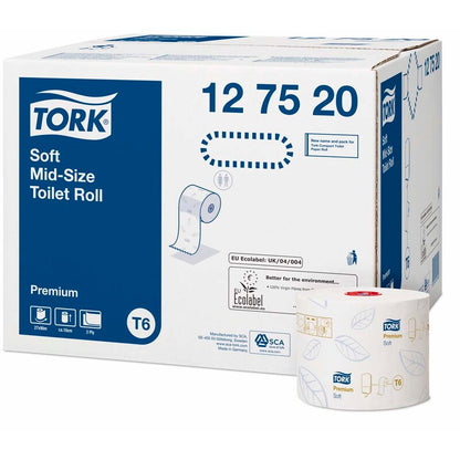 Toiletpapir Jumbo, Tork, Premium, Mid-Size T6, 2 lag, hvid x 90.00m, kasse a 27 ruller, FSC Mix Credit