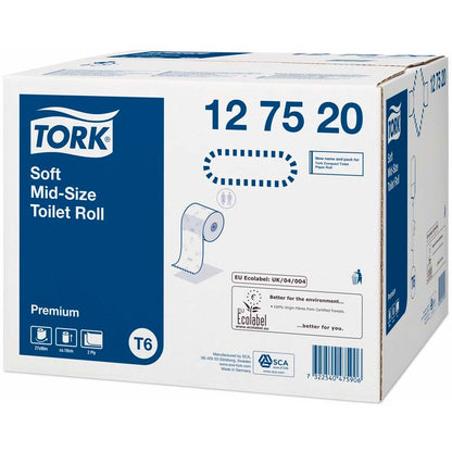 Toiletpapir Jumbo, Tork, Premium, Mid-Size T6, 2 lag, hvid x 90.00m, kasse a 27 ruller, FSC Mix Credit
