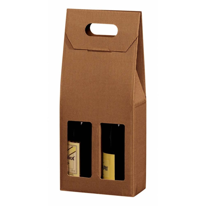Gaveæske til vin, udvendig dim: 180 x 90, x 410 mm, indre dim: 180 x 90 x 380 mm, 1-lags,B-flute, særligt design, med håndtag, brun, 2 flasker, pakke a 20 stk