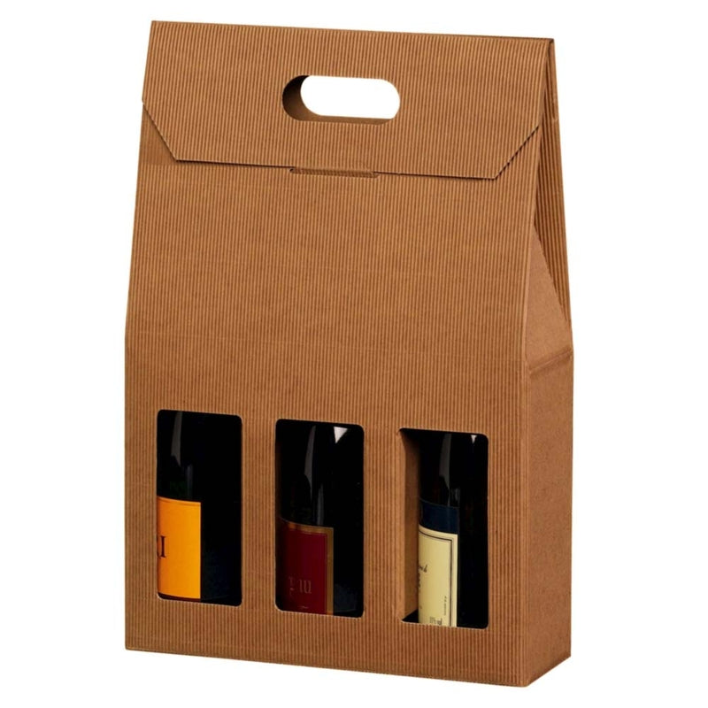 Gaveæske til vin, udvendig dim: 270 x 90, x 410 mm, indre dim: 270 x 90 x 380 mm, 1-lags,B-flute, særligt design, med håndtag, brun, 3 fl., pakke a 20 stk