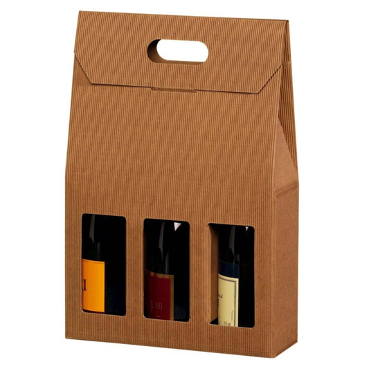 Gaveæske til vin, udvendig dim: 270 x 90, x 410 mm, indre dim: 270 x 90 x 380 mm, 1-lags,B-flute, særligt design, med håndtag, brun, 3 fl., pakke a 20 stk