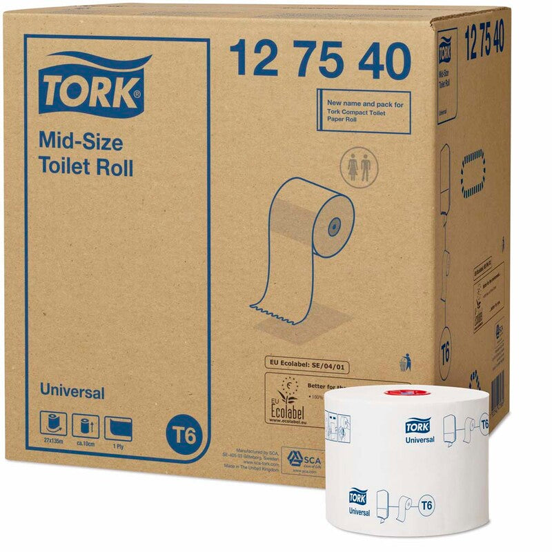Toiletpapir Jumbo, Tork, Universal, Mid-Size T6, 1 lag, hvid x 135.00m, kasse a 27 ruller, FSC Recycled Credit