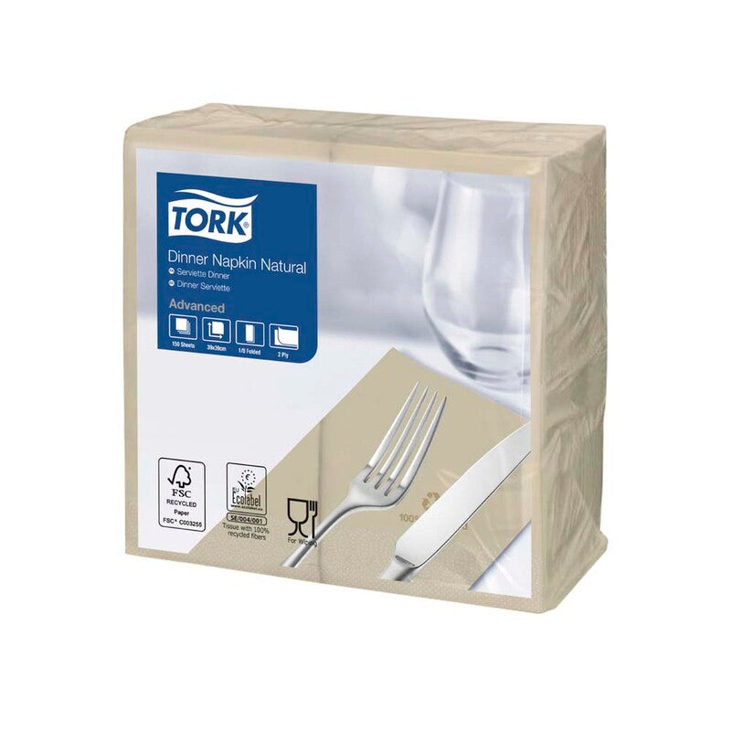 Middagsservietter, Tork, Advanced, 1/8-Fold, 2 lag, natur, 390mmx390mm, pakke a 150 stk, FSC Recycled Credit