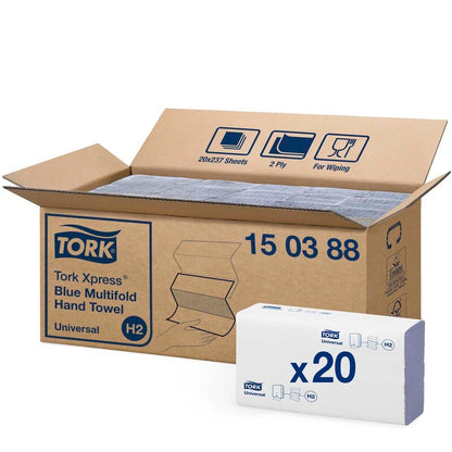 Papirhåndklæder ark, Tork, Premium Extra Soft, H2, 2 lag, blå, 213mmx234mm, æske a 4740 ark, FSC Recycled Credit