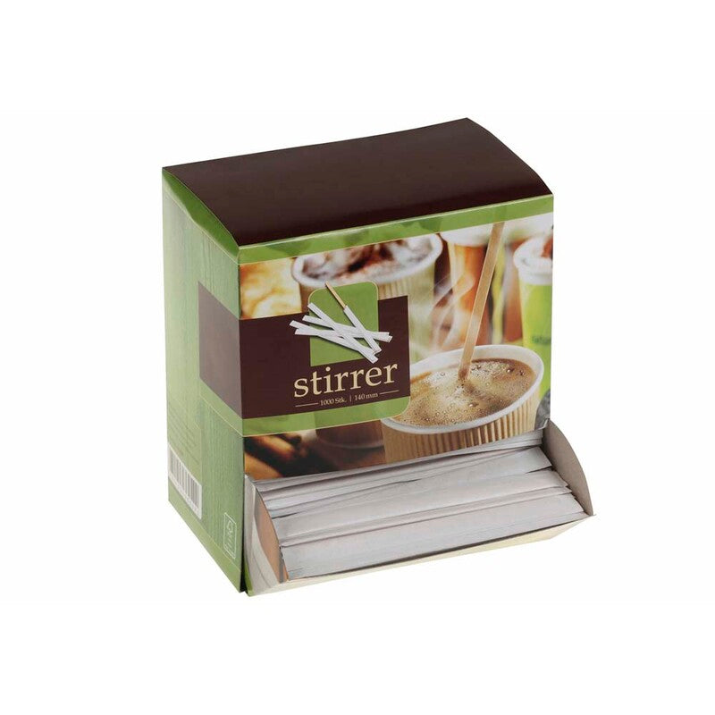 Rørepind, træ, træ, Dispenser box, Wrapped, pakke a 1000 stk, Fødevaregodkendt